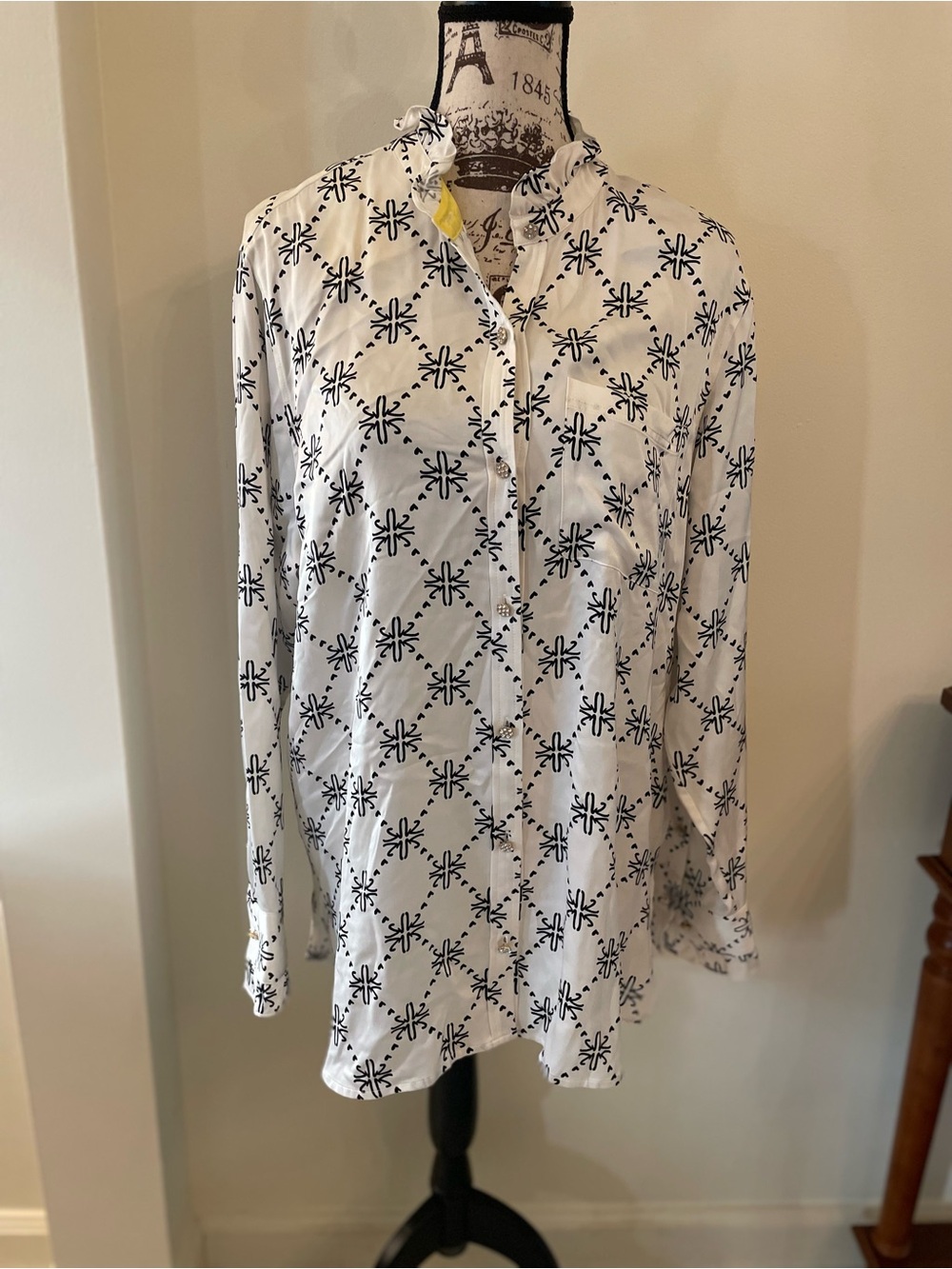 New Kerri Rosenthal Milky Way Silky Mia Ruffle Shirt ~ Diamond Buttons ~ L